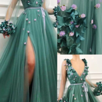 SP1042,Handmade embroidered tulle ball gown with velvet belt sleeves 3d decal prom dress - Thumbnail 3