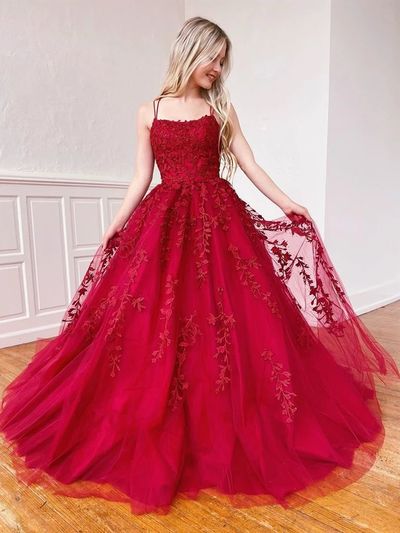 SP1050,Dark Red Applique Tulle Prom Dresses,Beaded Spaghetti Straps Evening Party Dress