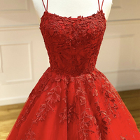 SP1050,Dark Red Applique Tulle Prom Dresses,Beaded Spaghetti Straps Evening Party Dress - Thumbnail 1