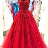 SP1050,Dark Red Applique Tulle Prom Dresses,Beaded Spaghetti Straps Evening Party Dress - Thumbnail 3