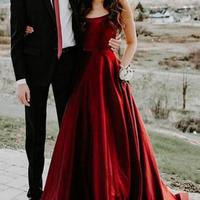 SP1051,Elegant A Line Red Spaghetti Straps Satin Prom Dresses with Pockets, Evening Dresses Burgundy Prom Dresses - Thumbnail 1