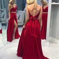 SP1052,Two Piece Red Front-split Long Prom Evening Dress - Thumbnail 1