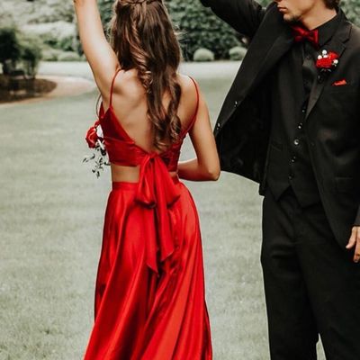 Sp1052,two piece red front-split long prom evening dress - Thumbnail 5