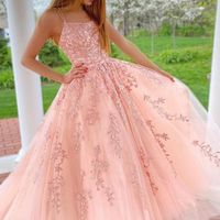 SP1053,Blush Pink Applique Prom Dresses,Double Straps Evening Dresses,Tulle Lace Prom Gown - Thumbnail 1