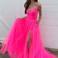 SP1054,Modest Tulle V Neck Spaghetti Straps Pink Long Prom Dresses with Pleated - Thumbnail 1