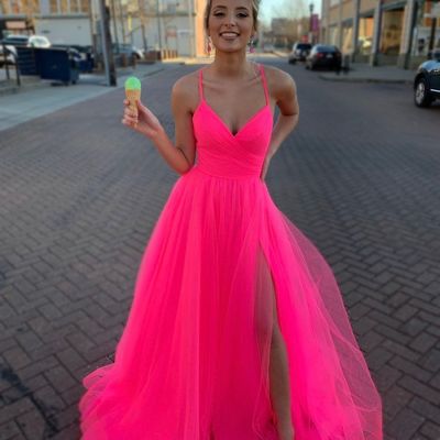 Sp1054,modest tulle v neck spaghetti straps pink long prom dresses with pleated - Thumbnail 5