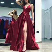 SP1055,2020 Simple v neck burgundy long prom dress evening dress - Thumbnail 1