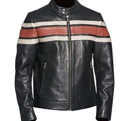 Vintage biker motorcycle stripped retro leather jacket internal viscose lining for men's