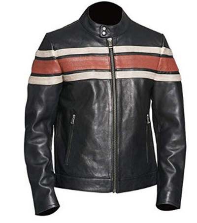 Vintage Biker Motorcycle Stripped Retro Leather Jacket Internal Viscose Lining for Men's