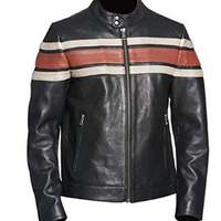 Vintage Biker Motorcycle Stripped Retro Leather Jacket Internal Viscose Lining for Men's - Thumbnail 4