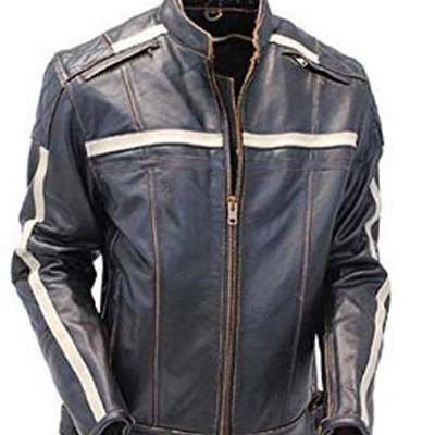 Mens black white stripes motorcycle biker leather jacket internal viscose lining