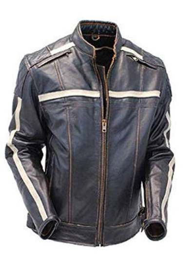 Mens Black White Stripes Motorcycle Biker Leather Jacket Internal Viscose Lining
