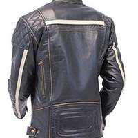 Mens Black White Stripes Motorcycle Biker Leather Jacket Internal Viscose Lining - Thumbnail 1
