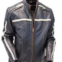 Mens Black White Stripes Motorcycle Biker Leather Jacket Internal Viscose Lining - Thumbnail 4