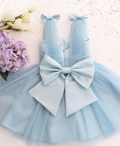 V Neck Tea Legnth Flower Girl Dresses with Bowknot
