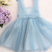 V Neck Tea Legnth Flower Girl Dresses with Bowknot - Thumbnail 1