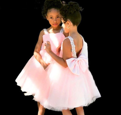 Tea Length Pink Flower Girl Dresses with Bowknot
