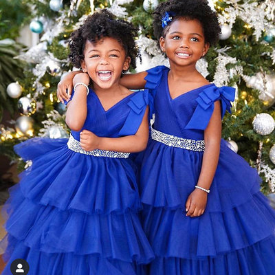  royal blue v neck flower girl dresses waist with beaded - Thumbnail 2