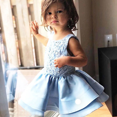Blue short flower girl dresses with appliques beads - Thumbnail 3