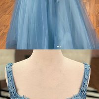 Elegant Two Piece Square Neck Blue Tulle Prom Evening Dresses with Appliques - Thumbnail 2