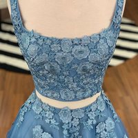 Elegant Two Piece Square Neck Blue Tulle Prom Evening Dresses with Appliques - Thumbnail 1