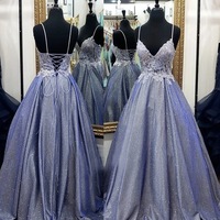 Sparkly A-Line V Neck Lace up Back Navy Blue Prom Evening Dresses with Appliques - Thumbnail 1