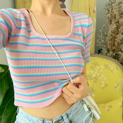 Pastel Color Block Rainbow Stripe Knitted Top