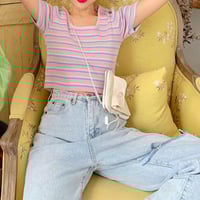 Pastel Color Block Rainbow Stripe Knitted Top - Thumbnail 1