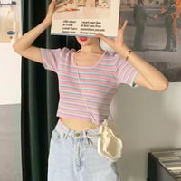 Pastel Color Block Rainbow Stripe Knitted Top - Thumbnail 2