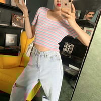 Pastel Color Block Rainbow Stripe Knitted Top - Thumbnail 4