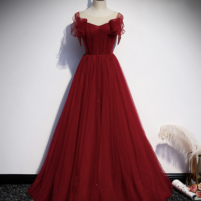 Burgundy tulle long prom dress evening dress - Thumbnail 5