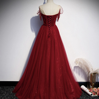 Burgundy tulle long prom dress evening dress - Thumbnail 3