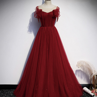 Burgundy tulle long prom dress evening dress - Thumbnail 2