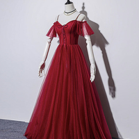 Burgundy tulle long prom gown formal dress - Thumbnail 1