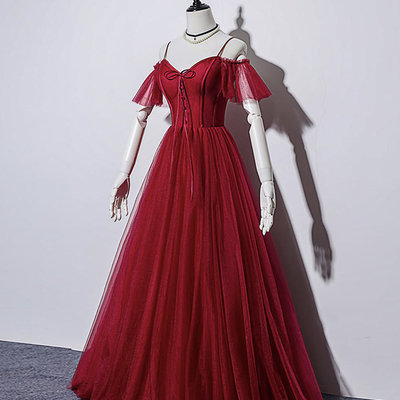 Burgundy tulle long prom gown formal dress - Thumbnail 4