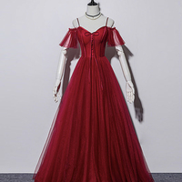 Burgundy tulle long prom gown formal dress - Thumbnail 3