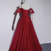 Burgundy tulle long prom gown formal dress - Thumbnail 2