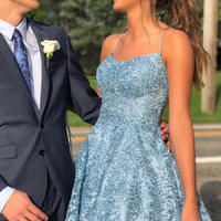 SP1056,Elegant Straps Sky Blue Lace Homecoming Dress with Lace Up Cross Back - Thumbnail 2