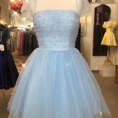 Sp1061,sparkle beaded cap sleeves light sky blue homecoming dress