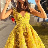 SP1062,A-Line V-Neck Yellow Party Dress with Appliques Short Homecoming Dress - Thumbnail 1