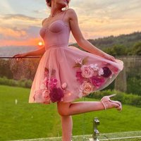 SP1063,Stylish A Line Spaghetti Straps Pink Short Homecoming Dress with Flowers - Thumbnail 1