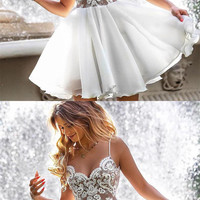 SP1064,Short Sexy Homecoming Dress Lace Bodice Spaghetti Straps V Neck Mini Prom Party Dresses - Thumbnail 1