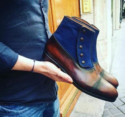 Handmade men two toe boots, brown and blue dress boots, formal dress boot men