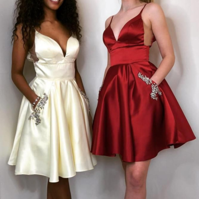 Sp1071,simple a-line v neck open back burgundy satin short prom dresses,homecoming dresses with pockets,cocktail party dresses