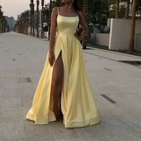 SP1073,Sexy Yellow Satin Prom Dresses,Spaghetti Straps Evening Dress with Slit - Thumbnail 1