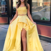 SP1075,Pieces High Low Lace Yellow Prom Two Piece Long Formal Dresses - Thumbnail 1