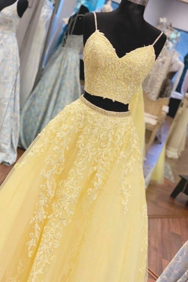 SP1076,Two Pieces Yellow Prom Dresses,Long Applique Evening Dress with Beaded