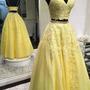 SP1076,Two Pieces Yellow Prom Dresses,Long Applique Evening Dress with Beaded-2