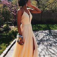 SP1077,A-Line V-Neck Long Prom Dress Yellow Chiffon Formal Evening Dresses - Thumbnail 1