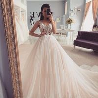 Sweet Ball Gown V Neck Tulle Wedding Dresses with Appliques - Thumbnail 1